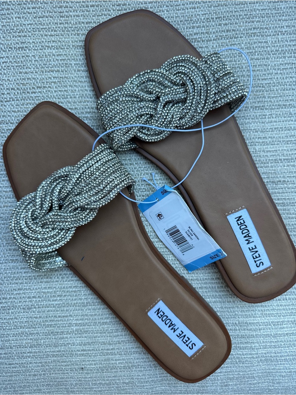 Steve Madden Brown Footbed Slide Sandals with Silver Beaded Knot Strap
